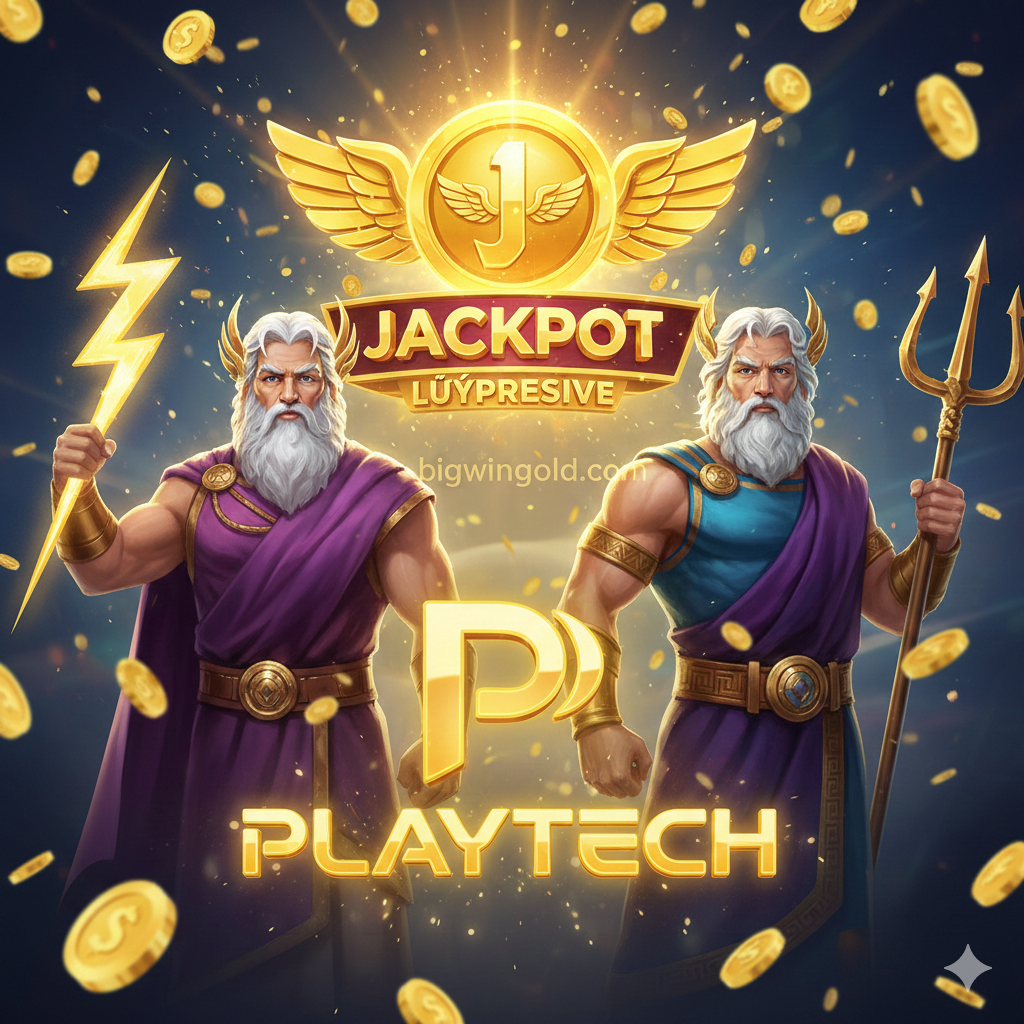 Ảnh bìa phong cách điện ảnh (cinematic) và cao cấp, làm nổi bật thương hiệu Playtech và Bigwin Gold. Trung tâm là logo Playtech cách điệu cùng với hình ảnh các vị thần Hy Lạp mạnh mẽ từ dòng game 'Age of the Gods' (Zeus, Poseidon) hoặc biểu tượng Jackpot Lũy Tiến khổng lồ, rực rỡ. Nền phía sau là logo Bigwin Gold mờ ảo hoặc tên miền bigwingold.com tinh tế. Tổng thể màu sắc chủ đạo là vàng, tím hoàng gia và xanh dương đậm, tạo cảm giác giàu sang, huyền bí và cơ hội thắng lớn. Hình ảnh phải có hiệu ứng ánh sáng lấp lánh (sparkling light effects) và tiền vàng (gold coins) rơi xuống.