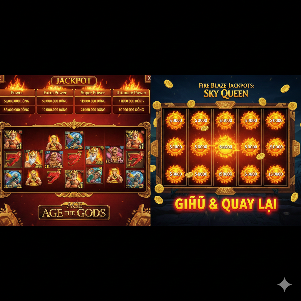 Hình ảnh minh họa cho tính năng cốt lõi của Playtech: hệ thống Jackpot lũy tiến 'Age of the Gods' và 'Fire Blaze Jackpots'. Bố cục chia đôi: một bên là màn hình game 'Age of the Gods' với bảng hiển thị 4 mức Jackpot (Power, Extra Power, Super Power, Ultimate Power) đang nhấp nháy số tiền lớn (ví dụ: $10,000,000). Bên còn lại là một khung cảnh trong game 'Fire Blaze Jackpots' (ví dụ: Sky Queen) với các biểu tượng Mặt Trời/Lửa và dòng chữ 'Hold & Respin' nổi bật. Phong cách đồ họa 3D sắc nét, màu sắc rực lửa (đỏ, vàng, cam) tượng trưng cho cơ hội thắng lớn và sự kịch tính.