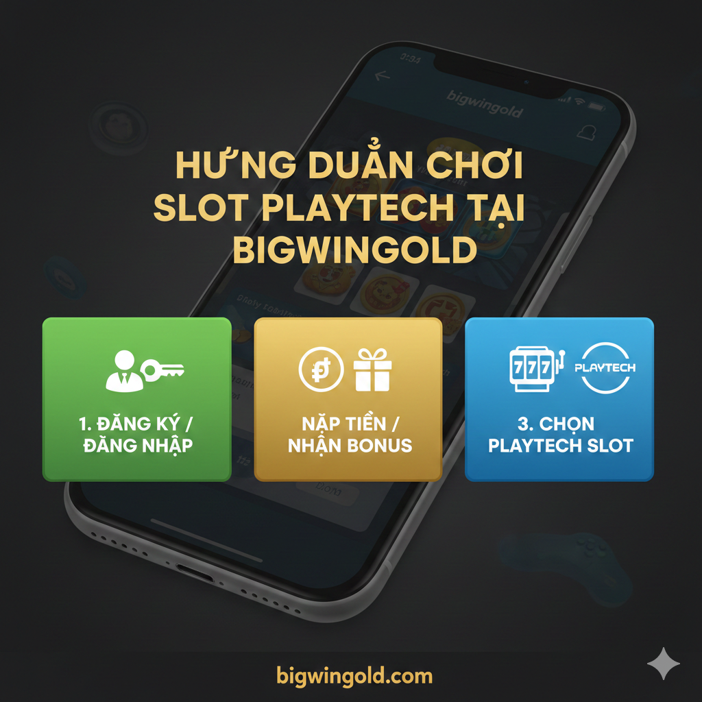 Ảnh hướng dẫn đơn giản và rõ ràng về quy trình chơi game slot Playtech tại Bigwin Gold. Sử dụng thiết kế đồ họa kiểu Infographic với 3 bước được đánh số: 1. Đăng ký/Đăng nhập (biểu tượng người dùng/chìa khóa), 2. Nạp tiền/Nhận Bonus (biểu tượng tiền tệ Việt Nam VNĐ/hộp quà), 3. Chọn Playtech Slot (biểu tượng máy slot và logo Playtech). Hình nền là một giao diện di động (mobile-friendly) của Bigwin Gold, nhấn mạnh tính năng chơi game mượt mà trên điện thoại. Phong cách tối giản, sử dụng màu sắc thương hiệu của Bigwin Gold (nếu có) và màu xanh lá cây/vàng để tạo cảm giác tin cậy và dễ thực hiện.