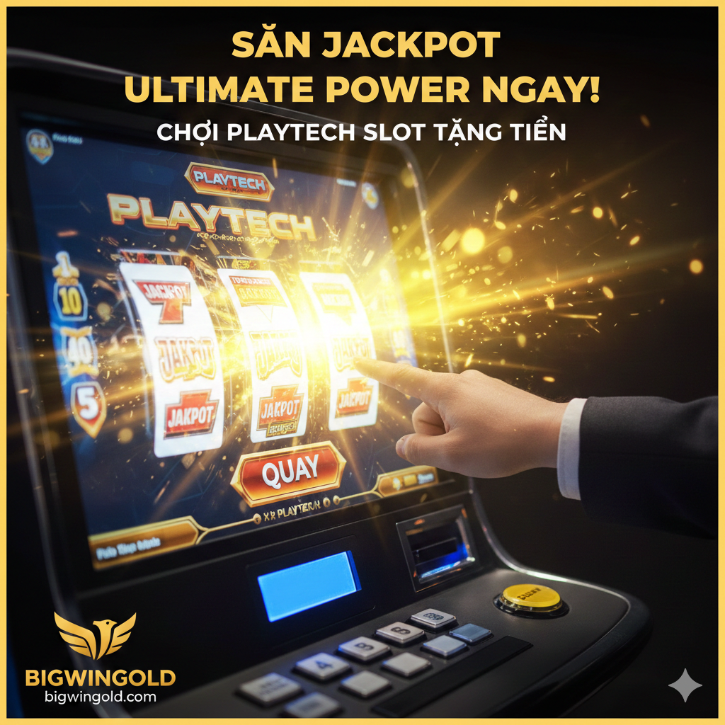 Ảnh tổng kết và kêu gọi hành động (CTA) mạnh mẽ. Hình ảnh một người chơi (hoặc một bàn tay) đang ấn nút 'Spin' trên màn hình máy slot Playtech, với một ánh sáng vàng rực rỡ bung ra, biểu thị chiến thắng Jackpot. Phía trên có dòng chữ lớn, in đậm bằng tiếng Việt: 'SĂN JACKPOT ULTIMATE POWER NGAY!' hoặc 'CHƠI PLAYTECH SLOT TẶNG TIỀN'. Góc dưới có logo Bigwin Gold và tên miền bigwingold.com rõ ràng. Phong cách năng động, màu sắc tươi sáng, tập trung vào cảm xúc phấn khích khi chiến thắng.