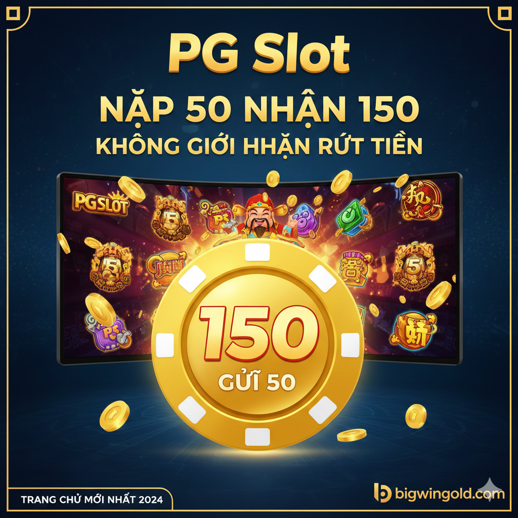 一张醒目的宣传海报风格图片,主题是'PG Slot ฝาก 50 รับ 150 ถอนไม่อั้น'。主色调应采用金色、红色和深蓝色,营造出奢华、刺激的赌场氛围。核心视觉元素是一个巨大的金色筹碼,上面印有数字'150',下方小字显示'ฝาก 50',背景是PG Slot老虎机游戏的华丽画面,例如闪烁的金币和财神图案。图片应有明显的'bigwingold.com' Logo và'เว็บตรง ล่าสุด 2024'字样,强调优惠力度和官方性质。构图上,文字信息居中或偏上,吸引用户目光。