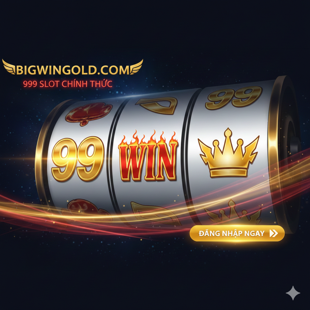 Thiết kế một high-impact cover art, with the theme 'Đăng Nhập 999 Slot Chính Thức - Bigwingold'. The image should use a dark blue or black background with gold and red highlights, creating a luxurious and exciting casino atmosphere. The main elements include a close-up of a giant Slot Machine reel, with '999' and 'WIN' symbols displayed on the reel, and a prominent gold 'Login' button or an arrow pointing to the login interface. The overall composition should be in thirds, with the text title concise and powerful, highlighting the brand and keywords 'BIGWINDGOLD' and '999 SLOT', ensuring that the Vietnamese audience can instantly recognize it.