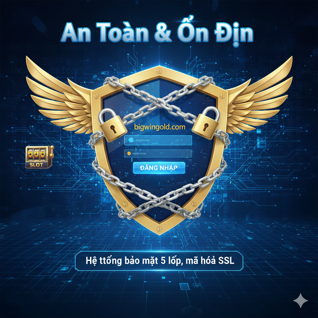 Thiết kế một tính năng đồ họa minh họa an toàn và ổn định. Chủ đề là 'An Toàn & Ổn Định'. Ở trung tâm màn hình là giao diện đăng nhập của Bigwingold (trừu tượng hóa, tập trung vào ô nhập liệu và nút), xung quanh được bao bọc bởi các yếu tố tượng trưng cho an ninh: một chiếc khiên vàng khổng lồ (Shield) và nhiều lớp dây xích hoặc ổ khóa (Padlocks). Nền nên có một lưới các đường màu xanh lam của dòng dữ liệu hoặc mã hóa SSL, đại diện cho 'Hệ thống bảo mật 5 lớp, mã hóa SSL'. Màu sắc chủ đạo là màu xanh công nghệ và bạc, thể hiện sức mạnh kỹ thuật và cam kết của nền tảng đối với an toàn người dùng.