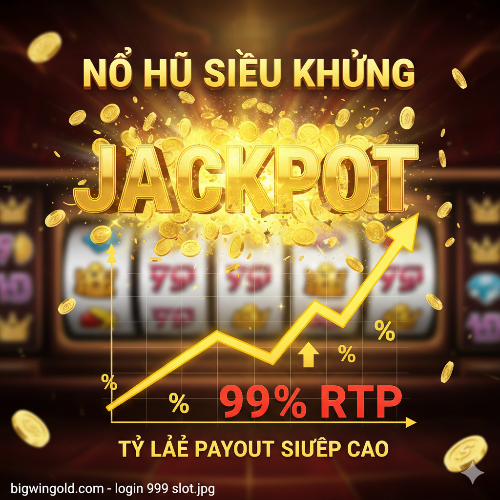 Thiết kế một bức ảnh làm nổi bật lợi thế 'Tỷ Lệ Payout Siêu Cao & Nổ Hũ' (Jackpot). Yếu tố cốt lõi là cảnh Jackpot đang bùng nổ. Ở trung tâm màn hình là chữ 'JACKPOT' khổng lồ và tiền xu (Coins) và tiền giấy (Money) phun ra. Bên dưới sử dụng biểu đồ đường cong tăng dần hoặc con số phần trăm (như '99% RTP') để tượng trưng cho tỷ lệ hoàn trả cao. Nền có thể mờ ảo cho thấy các mẫu máy đánh bạc và biểu tượng chiến thắng. Tông màu chủ đạo phải là màu vàng đại diện cho sự giàu có và màu đỏ đại diện cho sự phấn khích, tạo cảm giác mạnh mẽ về cơ hội làm giàu và hấp dẫn thị giác.
