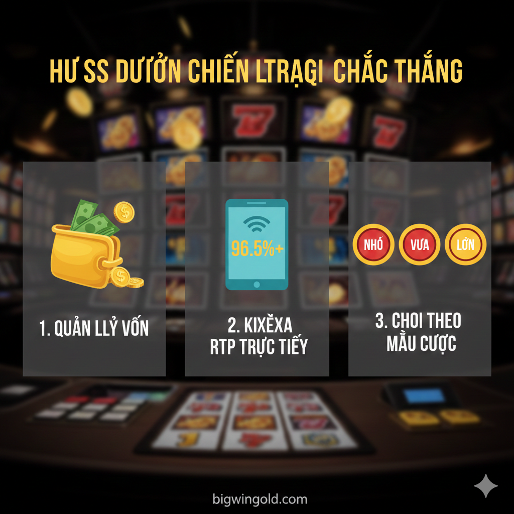 Ảnh minh họa cho phần chiến lược 'Anti-Rungkad' (Chắc Thắng). Bố cục nên sử dụng biểu đồ hoặc sơ đồ đơn giản (infographic style) với ba bước rõ ràng: 1. Quản lý Vốn (Biểu tượng ví tiền/tiền xu); 2. Kiểm tra RTP Live (Biểu tượng màn hình với % cao); 3. Chơi theo Mẫu (Biểu tượng các nút cược 'Small', 'Medium', 'Big'). Nền ảnh có thể là một bàn cược Slot mờ, nhưng các biểu tượng chiến lược phải nổi bật với màu sắc tương phản (ví dụ: vàng và đỏ). Tổng thể tạo cảm giác thông minh, có phương pháp và kiểm soát.