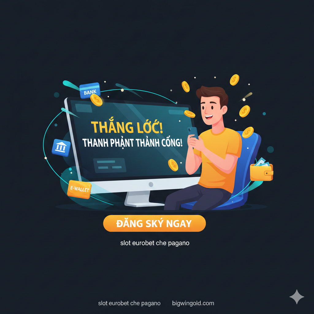 Ảnh tổng kết và Kêu gọi hành động (CTA) tập trung vào sự 'Thanh toán Nhanh chóng'. Hình ảnh nên có một người chơi (có thể là hình bóng hoặc nhân vật hoạt hình) đang cầm điện thoại hoặc máy tính, mỉm cười hài lòng, phía trước là một màn hình 'Rút Tiền Thành Công' hoặc 'BIG WIN Payout'. Thêm hiệu ứng tốc độ (speed lines) và các biểu tượng thanh toán (ngân hàng, e-wallet) xung quanh. Nổi bật dòng chữ lớn 'THANH TOÁN NHANH CHÓNG' hoặc 'ĐĂNG KÝ NGAY' với nút bấm CTA rõ ràng, màu sắc rực rỡ (ví dụ: cam hoặc đỏ) trên nền tối, tạo sự thúc giục và đáng tin cậy.
