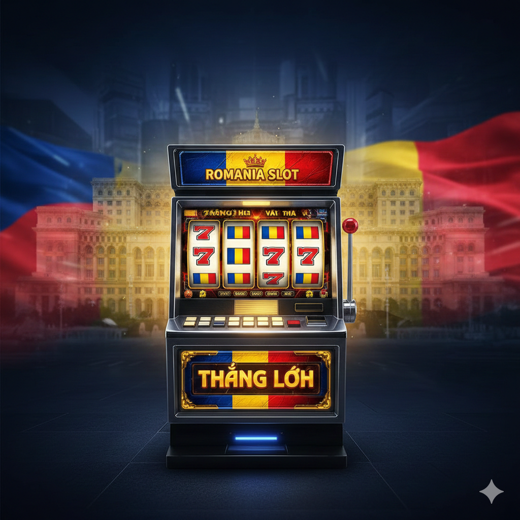 Một bức ảnh bìa nổi bật, phong cách hiện đại và công nghệ, với màu đỏ, vàng và xanh của quốc kỳ Romania làm tông màu chủ đạo. Trung tâm là giao diện máy đánh bạc cổ điển (Slot Machine/Păcănele) với ánh vàng và họa tiết cờ Romania, hiển thị chữ “BIG WIN”. Bối cảnh mờ ảo có thể nhìn thấy các địa danh nổi tiếng của Bucharest (như Cung điện Quốc hội), tượng trưng cho tính hợp pháp và uy tín của thị trường. Bố cục tổng thể ấn tượng, nhằm thu hút người đọc nhấp chuột nhanh chóng, nhấn mạnh sự chuyên nghiệp và tiềm năng lợi nhuận cao của “Romania Slot”.
