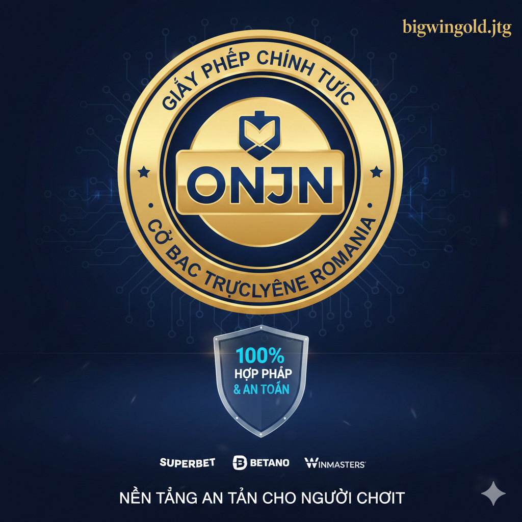 Ảnh chức năng, tập trung vào tính hợp pháp và quy định của thị trường iGaming Romania. Chủ thể của hình ảnh là một con dấu hoặc chứng nhận chính thức với logo của ONJN (Oficiul Național pentru Jocuri de Noroc), làm nổi bật uy quyền của nó. Phông nền sử dụng màu xanh đậm và vàng, thể hiện sự tin cậy và an toàn. Ở tiền cảnh là biểu tượng khiên trong suốt, bên trong có dòng chữ “100% Legal & Safe”, kèm theo logo nhỏ của ba Casino hàng đầu như Superbet, Betano, nhấn mạnh rằng giấy phép ONJN là nền tảng an toàn cho người chơi “Romania Slot”.