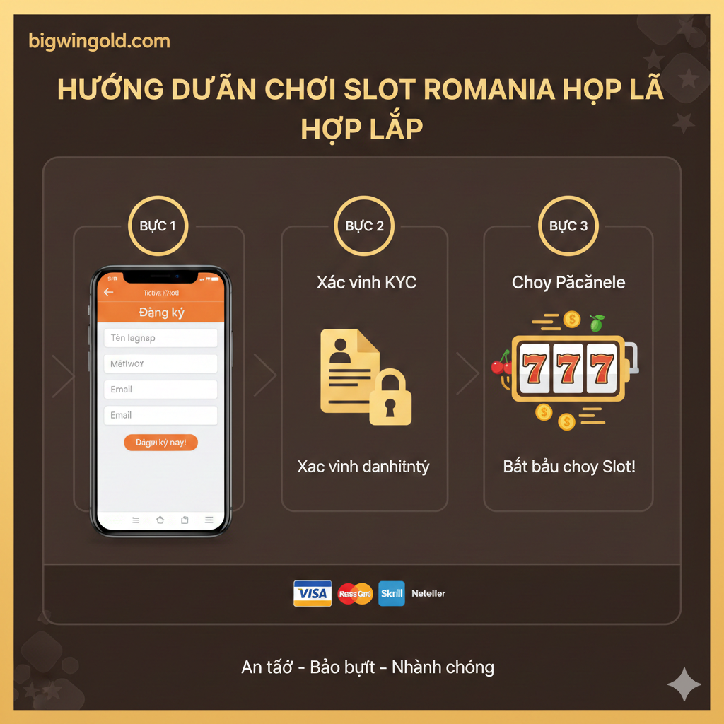 Ảnh hướng dẫn, trình bày dưới dạng sơ đồ quy trình bước đi đơn giản. Sử dụng tông màu ấm và phong cách thiết kế UI/UX rõ ràng. Ở trung tâm là sơ đồ ba bước: Bước 1 (Đăng ký): Màn hình điện thoại di động hiển thị biểu mẫu đăng ký; Bước 2 (Xác minh KYC): Biểu tượng giấy tờ tùy thân và khóa, đại diện cho xác minh danh tính; Bước 3 (Chơi Păcănele): Biểu tượng cuộn máy đánh bạc đang quay. Phía dưới là các biểu tượng phương thức thanh toán như Visa/Mastercard và Skrill/Neteller, hướng dẫn người dùng cách bắt đầu "chơi slot romania" một cách hợp pháp.