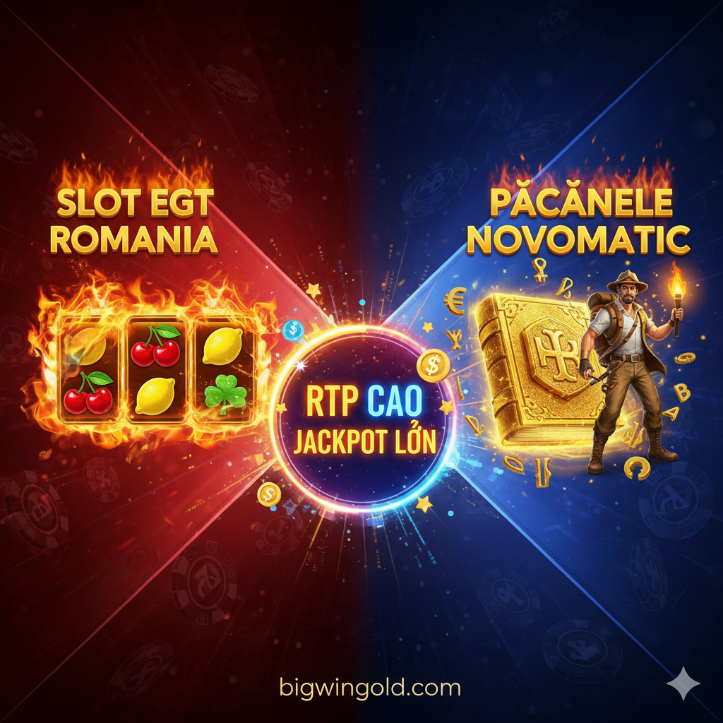 Ảnh lợi thế, làm nổi bật sự hấp dẫn của hai nhà cung cấp thống trị là EGT và Novomatic. Hình ảnh sử dụng bố cục chia đôi hoặc đường chéo. Phía bên trái là hiệu ứng lửa và các ký hiệu trái cây từ trò chơi kinh điển ‘Burning Hot’ hoặc ‘Shining Crown’ của EGT, làm nổi bật “EGT Slots Romania”; Phía bên phải là các ký hiệu khám phá hoặc sách từ trò chơi kinh điển ‘Book of Ra Deluxe’ của Novomatic, nhấn mạnh “Păcănele Online Novomatic”. Ở giữa là huy hiệu chữ “High RTP” và “Big Jackpots” nhấp nháy, làm nổi bật đặc điểm lợi nhuận cao của máy đánh bạc Romania.