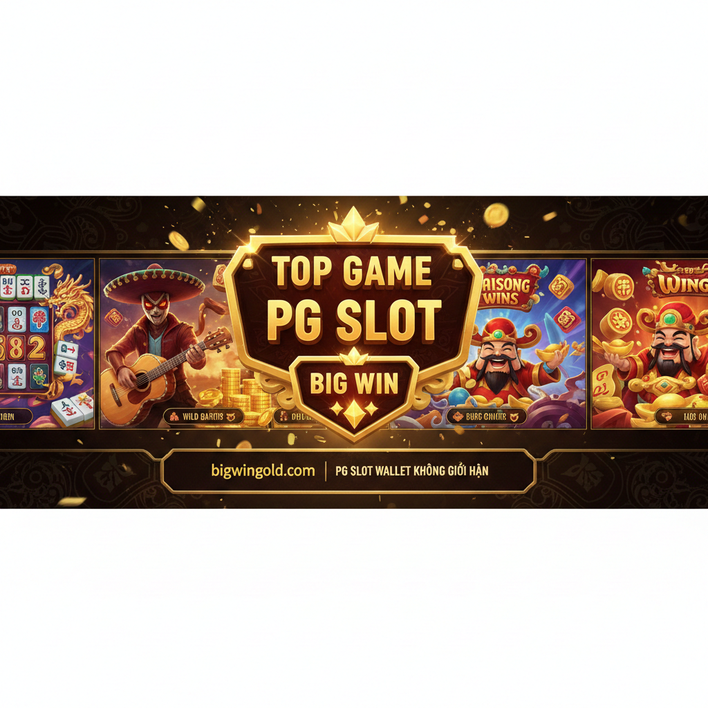 Hình ảnh làm nổi bật các trò chơi PG Slot hàng đầu được đề cập trong bài viết (Mahjong Ways 2, Wild Bandito, Caishen Wins). Đây là một ảnh collage chất lượng cao, sắp xếp các thumbnail/screenshot nổi bật từ các game này thành một hàng ngang hoặc lưới. Ở trung tâm ảnh, có một huy hiệu lớn với dòng chữ 'Top Game PG Slot' và biểu tượng 'Jackpot' hoặc 'Big Win' lấp lánh. Tông màu rực rỡ, hấp dẫn, đúng như phong cách đồ họa 3D của PG Soft, mục đích để thu hút người chơi vào kho game.