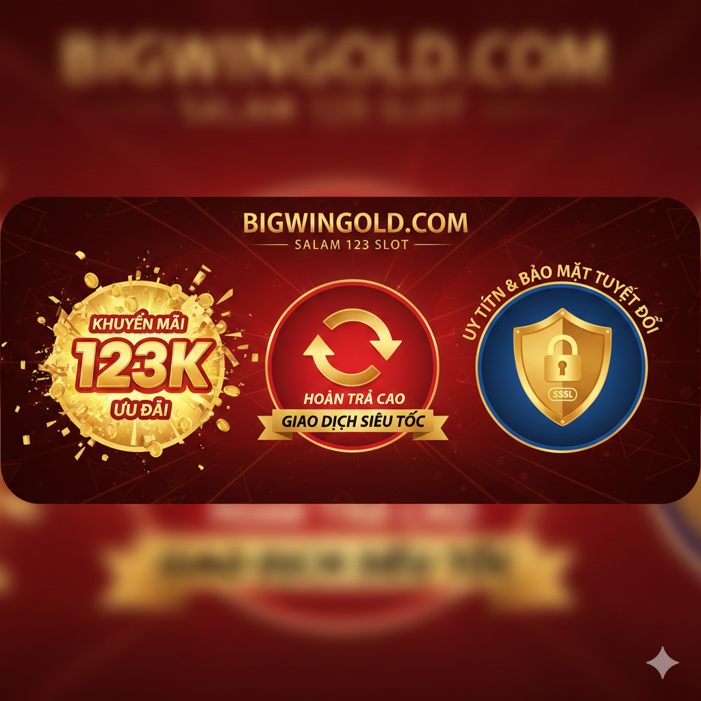 Nhấn mạnh "Ưu điểm và Ưu đãi". Hình ảnh chính là ba biểu tượng hình tròn hoặc hình vuông đặt cạnh nhau, đại diện cho các ưu điểm cốt lõi: Bên trái là con số khổng lồ “123K”, xung quanh là những ngôi sao vàng phát sáng (đại diện cho Khuyến Mãi/Ưu Đãi). Ở giữa là biểu tượng hai mũi tên đuổi nhau, đại diện cho “Hoàn Trả Cao” và “Giao Dịch Siêu Tốc”. Bên phải là biểu tượng khóa hoặc chứng chỉ SSL, đại diện cho “Uy Tín & Bảo Mật Tuyệt Đối”. Tổng thể sử dụng màu sắc tương phản, như vàng và đỏ, để tạo sự hấp dẫn và giá trị mạnh mẽ.