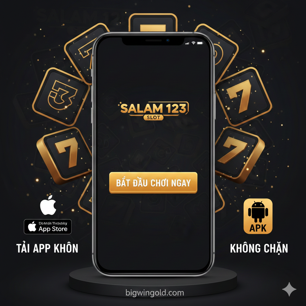 Hình ảnh này dùng để tóm tắt và hướng dẫn tải App. Đặt một mô hình điện thoại di động có giao diện App “SALAM 123 SLOT” ở phía trước, với nút CTA “Bắt Đầu Chơi Ngay” trên màn hình. Phông nền là các họa tiết máy Slot trừu tượng và ánh sáng lấp lánh màu vàng, ngụ ý sự hấp dẫn của trò chơi. Bên cạnh mô hình điện thoại, đặt các Logo tải xuống của Apple (iOS) và Android (APK), kèm theo dòng chữ “Tải App Không Chặn”. Bố cục tổng thể nên đơn giản và mạnh mẽ, kêu gọi người dùng hành động ngay, với tông màu nền sang trọng, tối màu phù hợp với hình ảnh bìa.