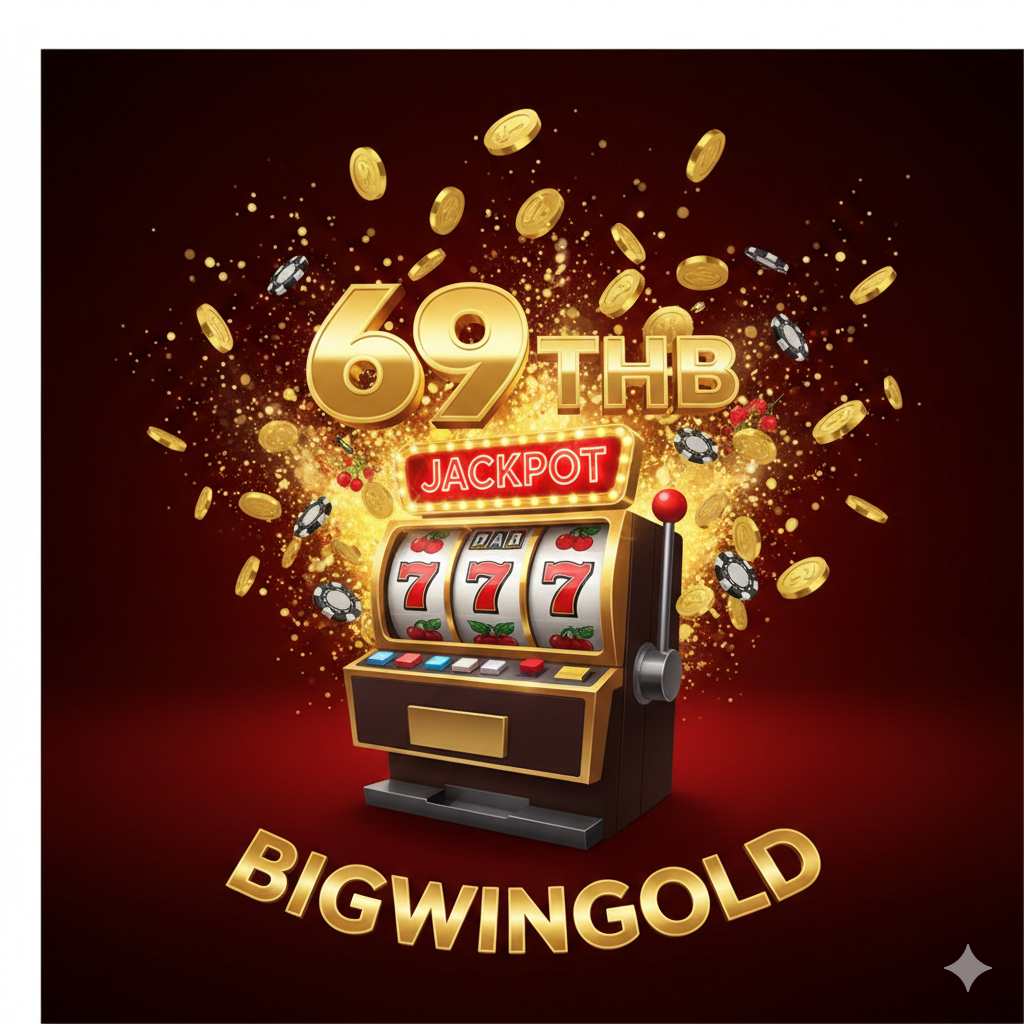 Thiết kế một bản đồ họa bìa bắt mắt, làm nổi bật chương trình khuyến mãi “69THB Slot Miễn Phí”. Chủ đề màu sắc nên sử dụng vàng, đỏ và đen theo phong cách của Bigwingold để tạo ra không khí sòng bạc sang trọng và kịch tính. Phần tử trung tâm là một nhãn số “69 THB” nổi bật, đặt phía trên một hoặc nhiều máy đánh bạc (Slot Machine) cổ điển đang nhấp nháy đèn “JACKPOT”. Hiệu ứng tiền xu và chip đang bay lượn trong không gian. Logo hoặc tên “Bigwingold” được thêm vào phía dưới, nhấn mạnh đây là ưu đãi độc quyền. Bố cục phải cân đối và năng động, tập trung sự chú ý vào con số 69THB.
