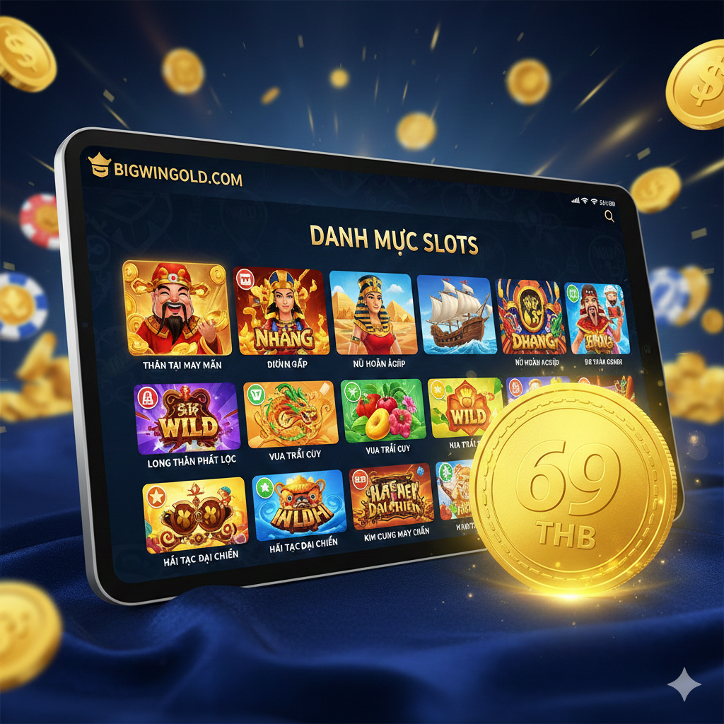 Hình ảnh nên mô tả kho game Slot phong phú trên nền tảng Bigwingold. Phần chính là mô phỏng giao diện của màn hình máy tính bảng hoặc điện thoại di động, hiển thị các biểu tượng game Slot với nhiều chủ đề khác nhau, ví dụ như “Thần Tài May Mắn”, “Nữ Hoàng Ai Cập”, “Hải Tặc Đại Chiến”. Phong cách tổng thể nên là hiện đại, độ nét cao. Bên cạnh giao diện, có thể đặt một chìa khóa vàng lấp lánh hoặc một token đặc biệt in chữ “69 THB”, tượng trưng cho chìa khóa/vốn để bắt đầu chơi. Màu sắc rực rỡ, làm mờ nhẹ hậu cảnh để làm nổi bật sự đa dạng và hấp dẫn của giao diện trò chơi.