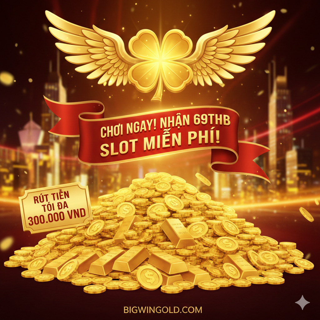Hình ảnh tóm tắt nên là một kêu gọi hành động (Call-to-Action, CTA) mạnh mẽ. Phần chính là một đống tiền vàng khổng lồ, phía trên có một biểu tượng may mắn có cánh (như cỏ bốn lá hoặc cánh thiên thần). Một biểu ngữ hoặc nhãn dán lớn ghi bằng chữ in đậm: “Chơi Ngay! Nhận 69THB Slot Miễn Phí!”. Bên cạnh đống tiền vàng, có thể đánh dấu nổi bật dòng chữ “Rút Tiền Tối Đa 300.000 VND” (Max Withdrawal) để nhắc nhở người dùng về tiềm năng rút tiền. Phong cách tổng thể phải là chiến thắng, lạc quan, và truyền cảm hứng, sử dụng chủ đạo màu vàng và đỏ để thu hút người dùng nhấp vào liên kết tham gia.
