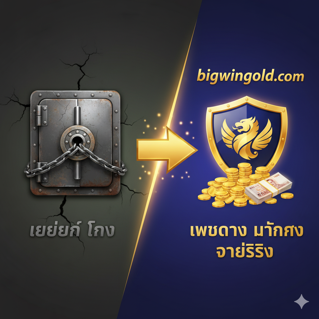 แสดง “เว็บตรง ไม่ผ่านเอเย่นต์” ด้วยการเปรียบเทียบระหว่างเว็บไซต์ตัวแทน (สีมืด/ไอคอนแตกหัก) และ bigwingold.com (สีสว่าง/ไอคอนโล่) พร้อมข้อความ “เว็บตรง มั่นคง จ่ายจริง”