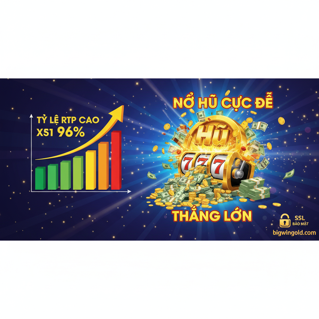 Ảnh minh họa cho ưu điểm 'Tỷ Lệ RTP Cao' và 'Nổ Hũ Cực Dễ'. Hình ảnh nên là một đồ thị hoặc biểu đồ thanh đang dâng cao (tượng trưng cho RTP trên 96%), kết hợp với một giải Jackpot khổng lồ (Jackpot/Hũ) đang 'nổ' ra tiền và vàng. Màu sắc rực rỡ (đỏ, vàng, xanh lá) để thể hiện sự hứng khởi và may mắn. Ở trung tâm, một số tiền lớn đang trào ra từ máy Slot, nhấn mạnh cơ hội chiến thắng lớn (แตกง่าย). Thêm biểu tượng khóa bảo mật (SSL) ở góc để củng cố thêm yếu tố 'Uy tín & An toàn' của bigwingold.com.