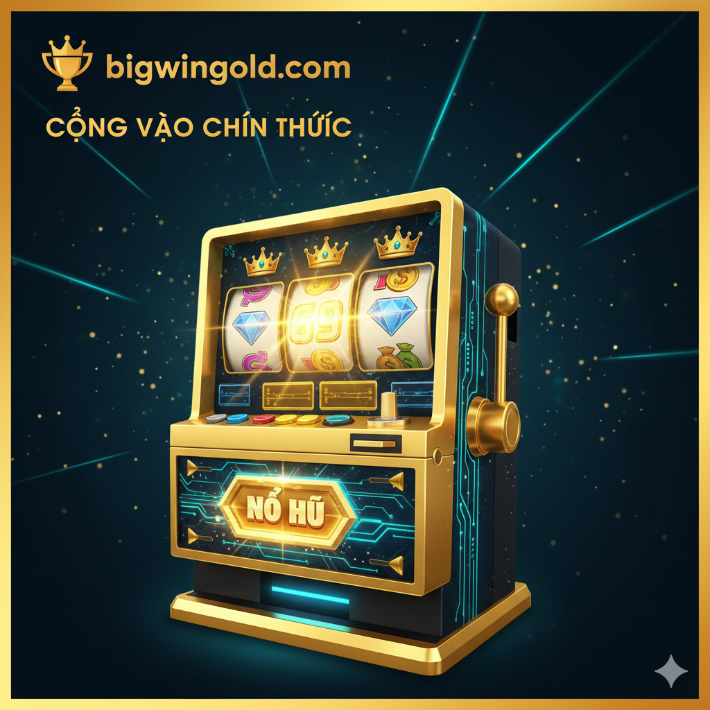 Ảnh bìa phong cách casino kỹ thuật số hiện đại, với chủ đề chính là '69 Slot' và thương hiệu 'bigwingold.com'. Hình ảnh cần nổi bật với một máy Slot Machine 3D sang trọng, có các biểu tượng Vàng (Gold), Kim Cương (Diamond) và số '69' sáng lấp lánh trên màn hình. Màu sắc chủ đạo là tông vàng kim và đen/xanh đậm, tạo cảm giác giàu sang, chiến thắng. Ở góc trên, có logo hoặc tên 'bigwingold.com' và dòng chữ 'Cổng Vào Chính Thức' cùng biểu tượng vương miện (🏆). Bố cục động, tập trung vào nút 'SPIN' hoặc 'Nổ Hũ' lớn đang phát sáng.