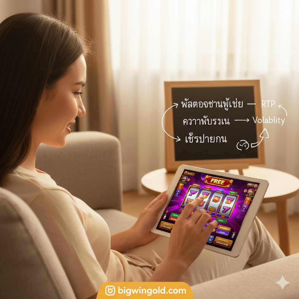 ภาพวาดผู้เล่นที่กำลังนั่งสบายๆ บนโซฟา ใช้แท็บเล็ตหรือโทรศัพท์มือถือเล่นสล็อตฟรี มีกระดานดำหรือแผนผังความคิดเล็กๆ แสดงคำว่า 'RTP', 'Volatility', 'Paylines' พร้อมลูกศรเชื่อมโยงไปยังผู้เล่น สื่อถึงบรรยากาศของการเรียนรู้กลยุทธ์และการพัฒนาทักษะแบบไร้ความกดดันผ่านเกมฟรี