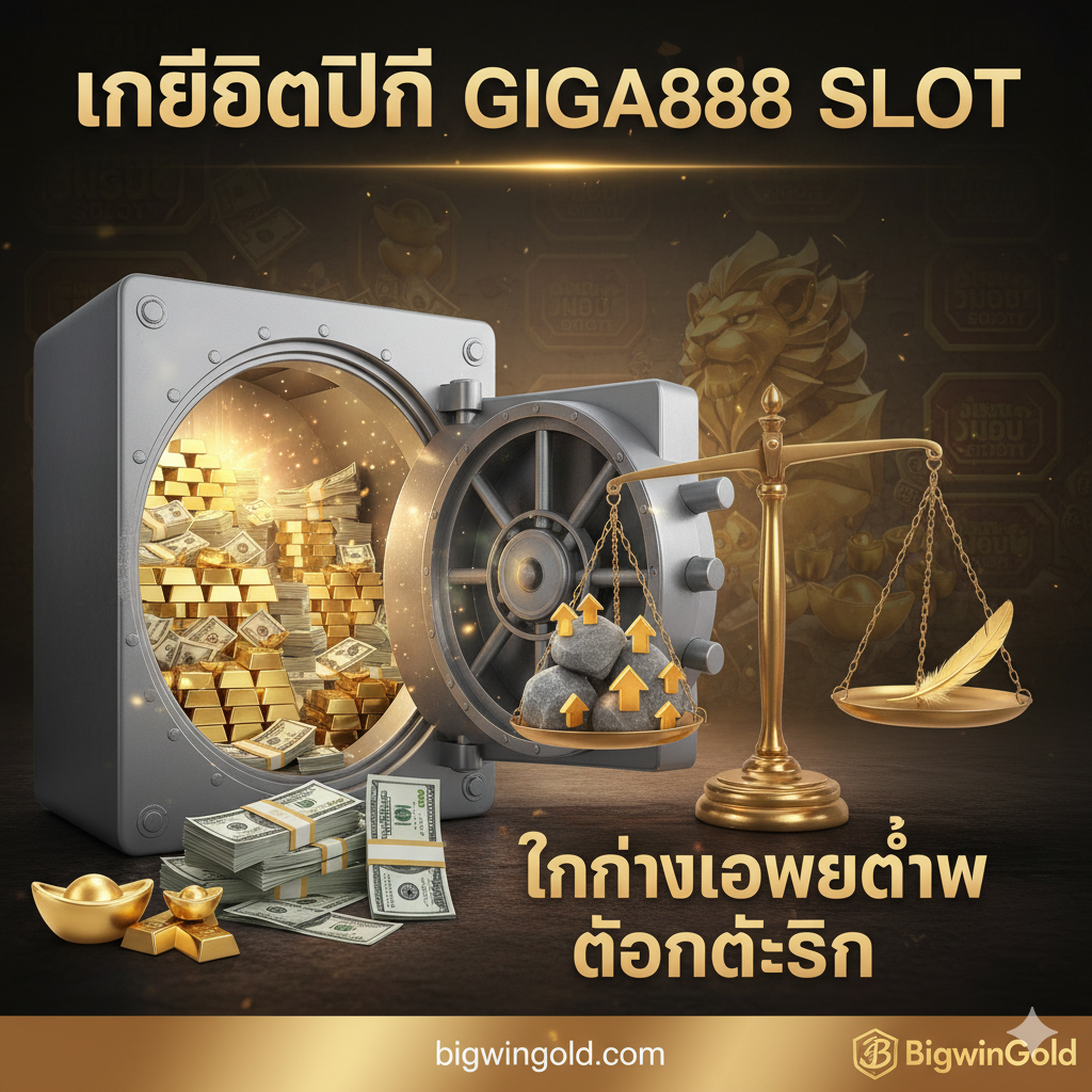 A comparative visual highlighting the 'Low Turnover' and 'Real Withdrawal' advantages. The image shows an open bank vault filled with cash and gold bars, symbolizing liquidity and ability to withdraw. On the side, a scale compares a heavy weight (competitors' high turnover) vs a light golden feather (BigwinGold's low turnover). Giga888 game characters like the Golden Lion are subtly integrated into the background to connect with the specific game slot.