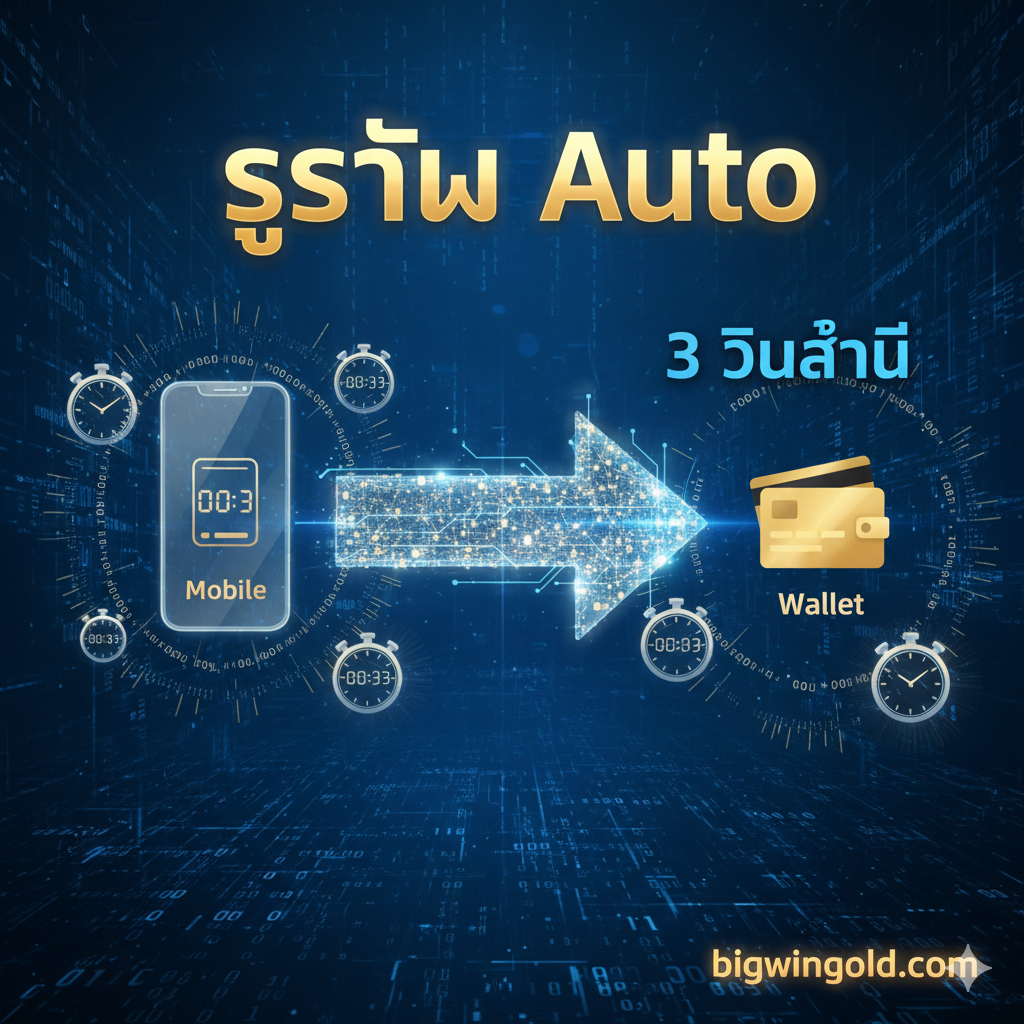 ภาพประกอบที่เน้นฟังก์ชัน 'ฝาก-ถอน Auto' และ 'รวดเร็ว 3 วินาที' ด้วยองค์ประกอบทางเทคโนโลยีและธนาคาร