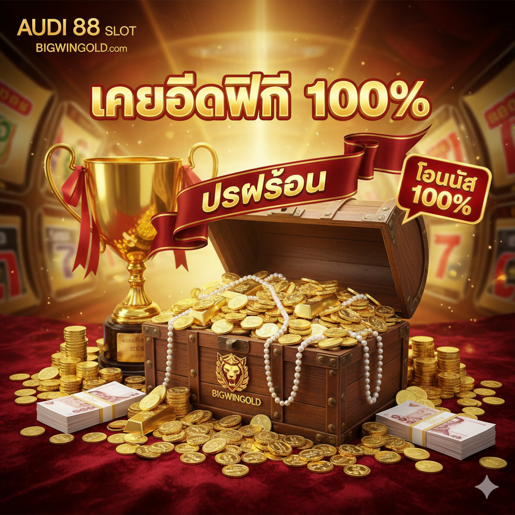 ออกแบบให้เป็นรูปภาพส่งเสริมการขายที่เน้นย้ำถึง 'เครดิตฟรี 100%' พร้อมกองเหรียญทองและสัญลักษณ์ความมั่งคั่งอื่นๆ