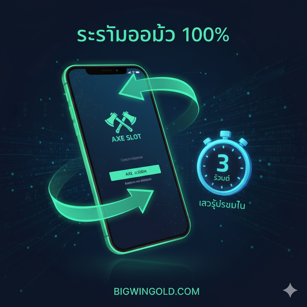 ภาพประกอบส่วนที่เน้นคุณสมบัติ 'ระบบออโต้ 100%' และความเร็วในการเข้าสู่ระบบ แสดงภาพมือถือ หรือหน้าจอคอมพิวเตอร์ที่แสดงหน้าจอ Login ของ Axe Slot โดยมีลูกศรโค้งวนขนาดใหญ่สีเขียวสว่างแสดงถึงความรวดเร็วและต่อเนื่อง ข้างๆ หน้าจอมีนาฬิกาจับเวลา ที่แสดงเวลา '3 SECONDS' หรือ '10 SECONDS' อย่างชัดเจน โทนสีเป็นสีฟ้า/น้ำเงินเข้มและสีเขียว เพื่อสื่อถึงเทคโนโลยีและความน่าเชื่อถือ เน้นการจัดองค์ประกอบให้ความรู้สึกของการไหลลื่นของข้อมูล และระบบ AI