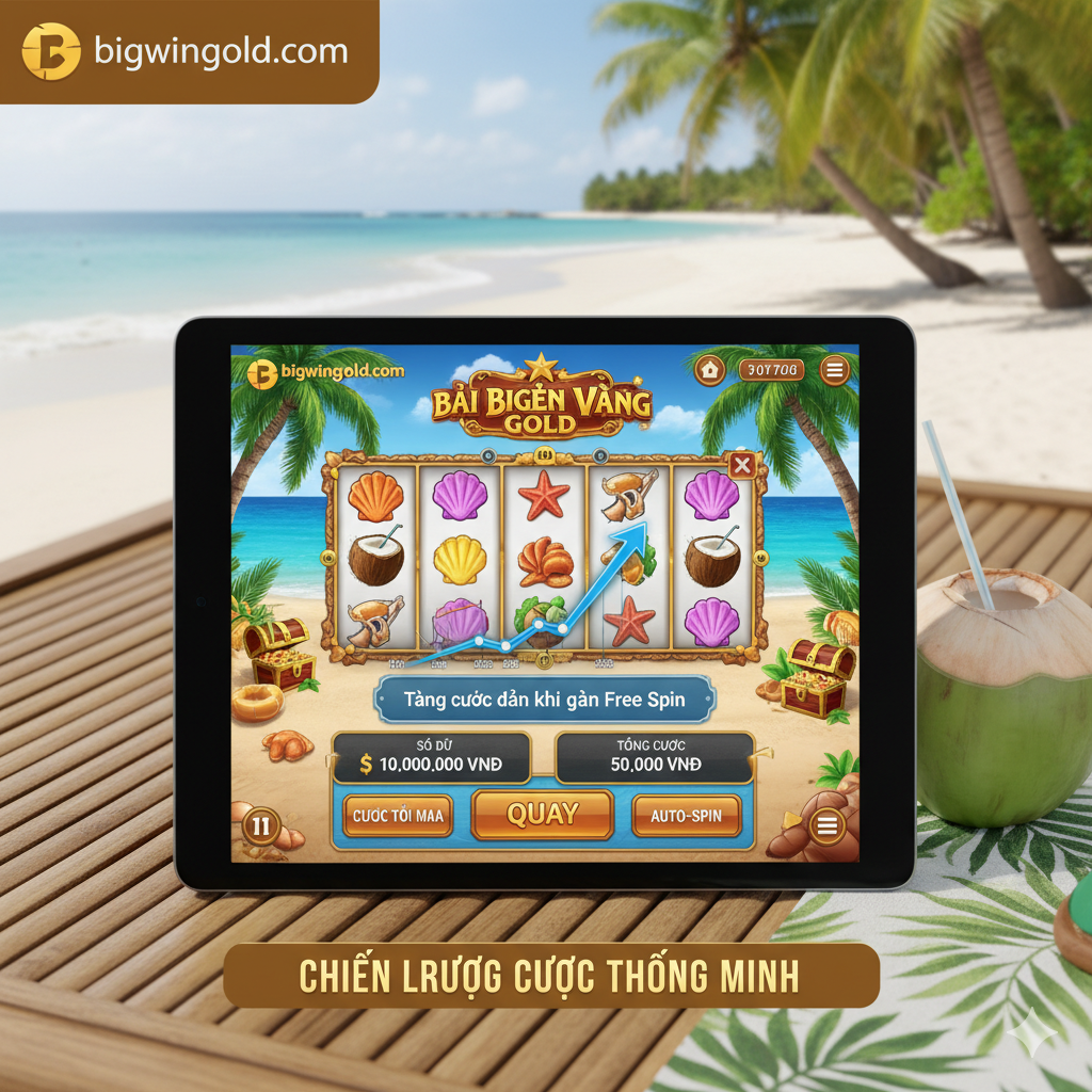 Ảnh minh họa chiến lược quản lý vốn và đặt cược thông minh. Hình ảnh một bàn điều khiển game slot với các nút bấm 'Bet Max', 'Spin', và 'Auto-Spin'. Tập trung vào khu vực hiển thị số dư tài khoản ('Balance') và mức cược ('Total Bet'), có thể dùng biểu đồ nhỏ hoặc mũi tên minh họa cho chiến lược tăng cược dần (từ nhỏ đến lớn) khi gần kích hoạt Free Spin. Background nên là khung cảnh bãi biển yên bình nhưng có sự tập trung, thể hiện người chơi đang cẩn thận tính toán chiến lược, không phải chơi may rủi.