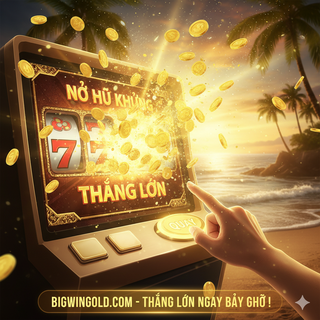 Ảnh bìa chủ đề game slot bãi biển nhiệt đới rực rỡ. Hình ảnh cần có một màn hình game slot 5x3 cuộn quay với các biểu tượng mùa hè như cô gái bikini, cocktail, ván lướt sóng, và lều bãi biển. Phía sau là bãi cát trắng mịn, nước biển xanh ngọc và hàng dừa đổ bóng. Màu sắc tươi sáng, độ tương phản cao, tạo cảm giác vui vẻ và may mắn. Cần có một hiệu ứng ánh sáng vàng lấp lánh như 'Big Win' hoặc 'Jackpot' nổi bật phía trên màn hình game, thu hút sự chú ý. Logo 'Bigwin Gold' nên được đặt tinh tế ở góc trên.