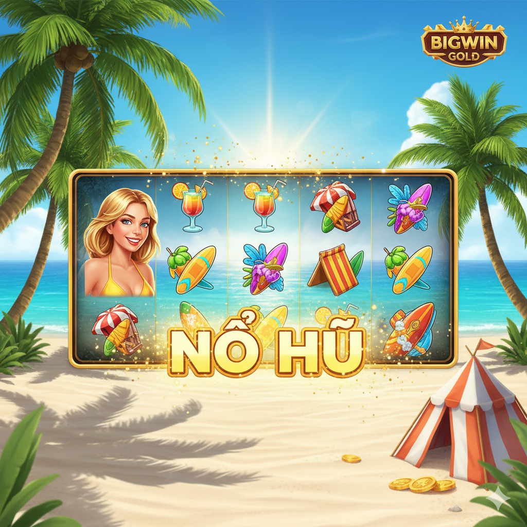 Hình ảnh minh họa các tính năng Wild và Scatter. Trung tâm là một cuộn quay slot đang dừng lại, tập trung làm nổi bật ít nhất 3 biểu tượng Scatter (ví dụ: Hòm Kho Báu) để kích hoạt Free Spin. Bên cạnh đó, hiển thị rõ một biểu tượng Wild (ví dụ: Người lướt sóng) đang thay thế các biểu tượng khác để tạo thành một dòng thắng. Phong cách đồ họa 3D chi tiết, rõ ràng, với một mũi tên hoặc vòng tròn phát sáng chỉ vào các biểu tượng đặc biệt. Sử dụng màu xanh biển và vàng cát để giữ đúng chủ đề bãi biển, làm nổi bật cơ hội thắng lớn.