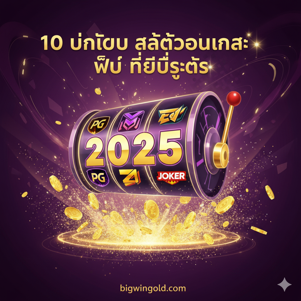 一张充满活力的封面图，用于泰国市场的"best online slot machines free"文章。背景采用深紫色和金色的奢华渐变。视觉中心是一个风格化的现代老虎机转轴，上面显示着"2025"字样和"PG"、"JOKER"等图标。醒目的泰语标题 "10 อันดับ สล็อตออนไลน์ ฟรี ที่ดีที่สุด" (10大最佳免费在线老虎机) 悬浮在顶部。底部有金币和闪光粒子爆发，营造出中奖和兴奋感。构图充满动感，色彩鲜艳，旨在立即吸引寻找免费老虎机游戏的玩家。