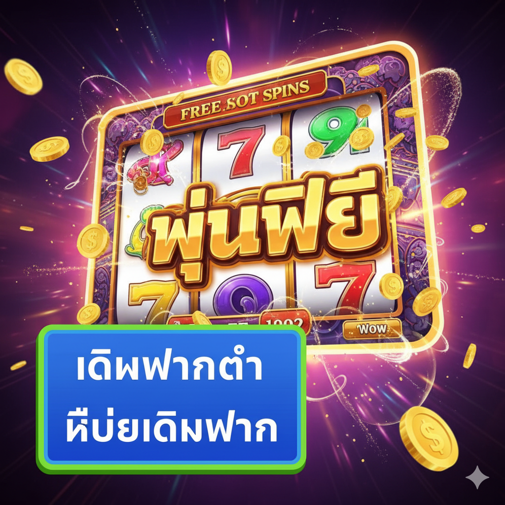 功能特性图片,重点展示“Free Spins”和“Low Wagering”这两个2021年和现在都重要的核心特性。图片以一个充满ชีวิตชีวา的老虎机屏幕เป็น背景,屏幕上散落着大量的硬币和“FREE SPINS”的标志。同时,ใน前景中放置一个醒目的标签,上面写着“LOW WAGERING”หรือ“NO WAGERING”,用绿色或蓝色强调。整体风格应是引人注目的,突出优惠的诱惑力,象征着奖金และ玩家易于提取的优势。构图应清晰地将两个核心卖点并置。