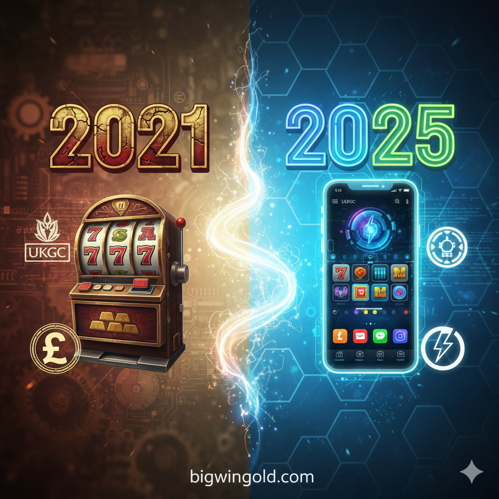 一张封面图片，主题是“从2021年回顾到2025年最佳英国老虎机网站”。风格应为高科技感และ未来主义的对比。主视觉元素是两个年份牌（“2021”和“2025”），中间有一条闪烁的、连接历史与未来的光路。2021一侧是复古老虎机、英镑符号（£）和旧版UKGC标志，色彩使用金色和深红色。2025一侧是流畅的移动设备界面、快速支付符号（如闪电），色彩使用蓝色และ亮绿色，整体构图平衡，突出时间穿越和进步的主题。