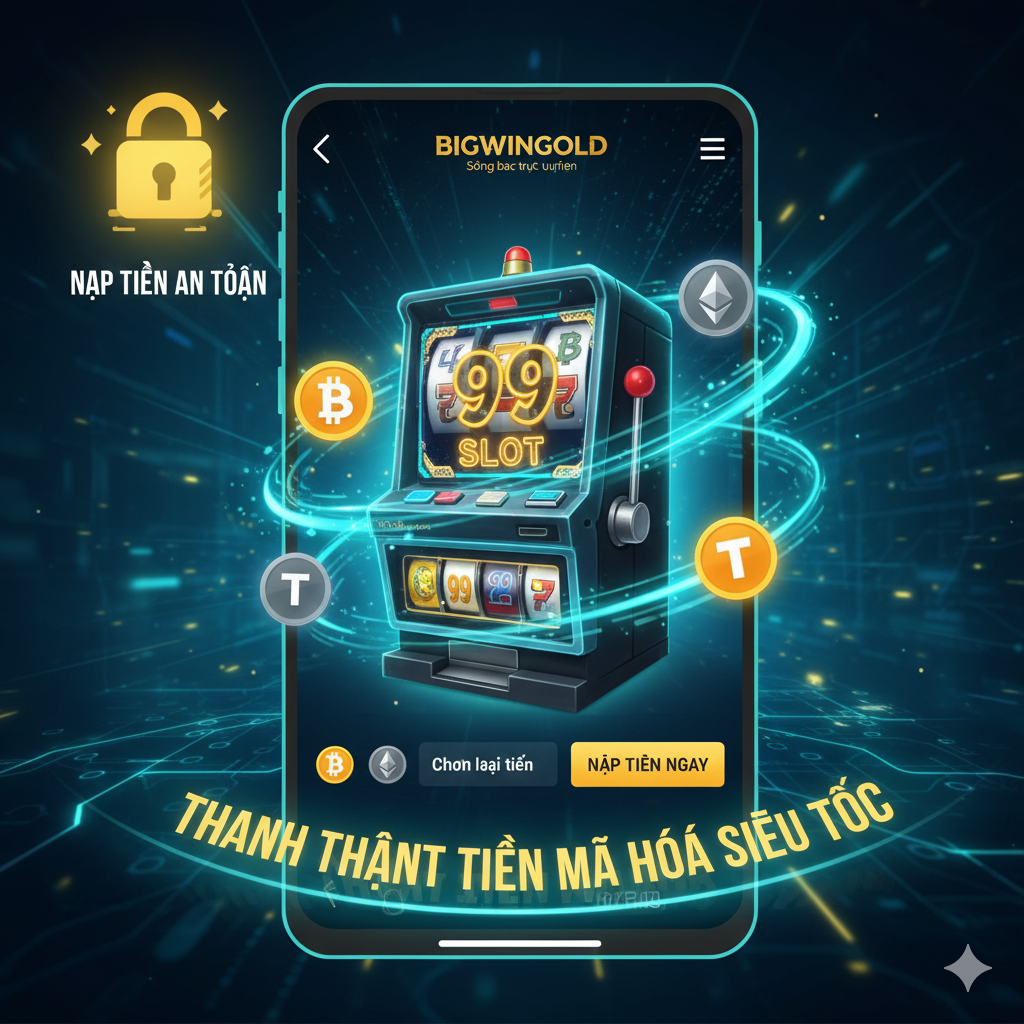 Ảnh minh họa tính năng nổi bật: Hỗ trợ nạp tiền bằng tiền mã hóa (Coin/Crypto). Hình ảnh nên là một giao diện di động hoặc máy tính bảng hiển thị màn hình nạp tiền của Bigwin Gold với các biểu tượng tiền điện tử lớn và rõ ràng (Bitcoin, Ethereum, USDT) bay lượn quanh một chiếc máy Slot Machine hiện đại. Màu sắc xanh neon và vàng rực rỡ tượng trưng cho công nghệ và tốc độ giao dịch tức thì. Có một biểu tượng khóa (Security Lock) lớn để nhấn mạnh yếu tố bảo mật. Mục đích là thể hiện Bigwin Gold vượt trội hơn đối thủ Coin 99 Slot ở công nghệ thanh toán hiện đại.