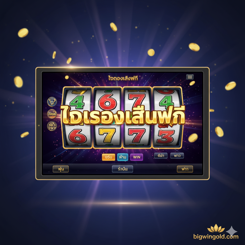 一张吸引สายตาของคนที่กำลังมองหา 'free slot machines games online' ภาพหลักคือหน้าจอเกมสล็อตออนไลน์ที่มีข้อความ 'FREE PLAY' หรือ 'DEMO' ชัดเจน พื้นหลังสีน้ำเงินเข้มหรือม่วง มีแสงสีทองและเหรียญทองโปรยปราย แสดงความหรูหราและความบันเทิง มีโลโก้ 'bigwingold.com' อยู่ที่มุม