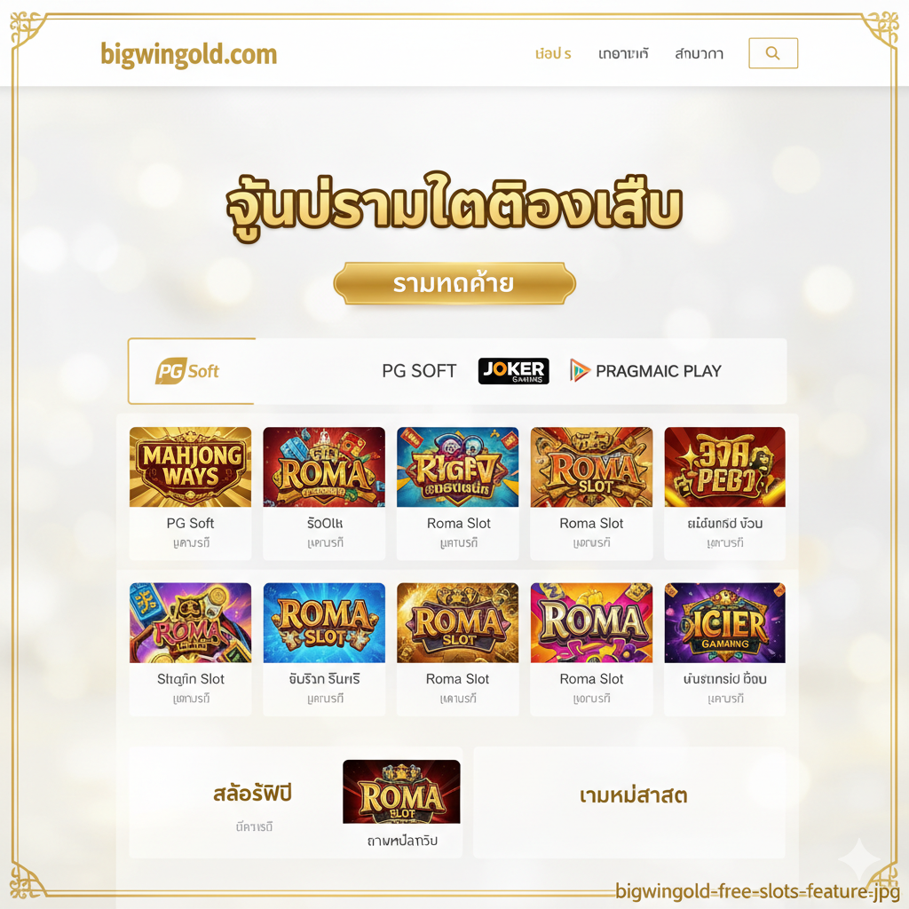 展示 bigwingold.com 网站核心功能的图片。图片模拟了网站的界面，呈现一个干净、整潔的游戏选择网格。网格中清晰地展示了来自"PG Soft"、"JOKER Gaming"和"Pragmatic Play"等热门供应商的知名老虎机游戏图标（例如 Mahjong Ways, Roma Slot）。重点突出泰语标签 "ศูนย์รวมทดลองเล่น" (试玩中心) 和 "รวมทุกค่าย" (包含所有厂商)，强调其作为一站式免费试玩中心的便利性。整体风格专业、信息丰富，以白色和金色为主色调，彰彰显品质感。