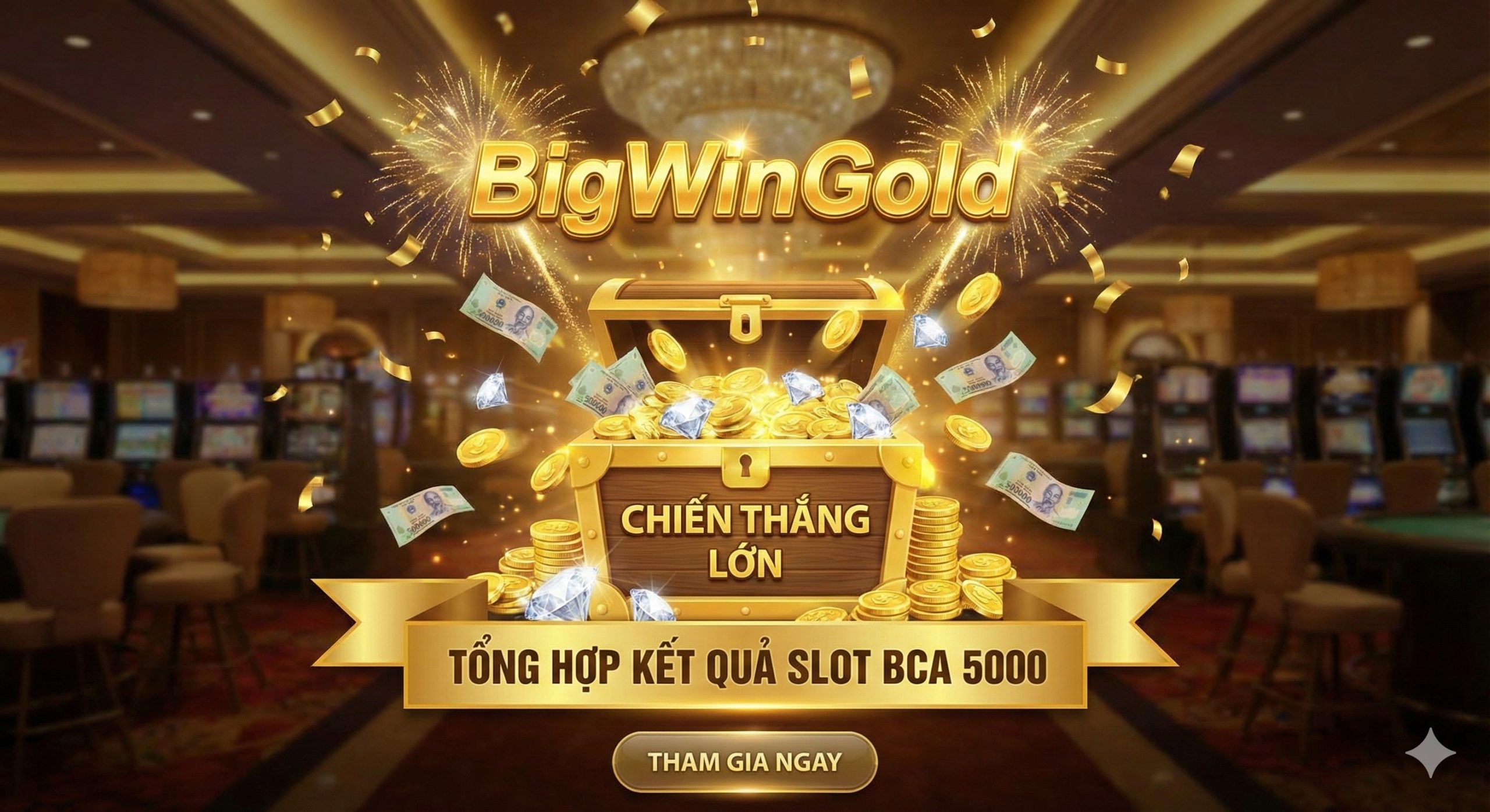 A spectacular and celebratory finale image. A massive explosion of gold coins, diamonds, and banknotes bursts outward from a central treasure chest labeled 'BIG WIN'. The BigWinGold logo glows intensely in the center, surrounded by festive confetti and fireworks. The color palette is dominated by rich gold, red, and warm lighting to evoke feelings of luck and massive success. A 'Join Now' visual element is subtly integrated at the bottom. Realistic 3D rendering with a luxury casino aesthetic.