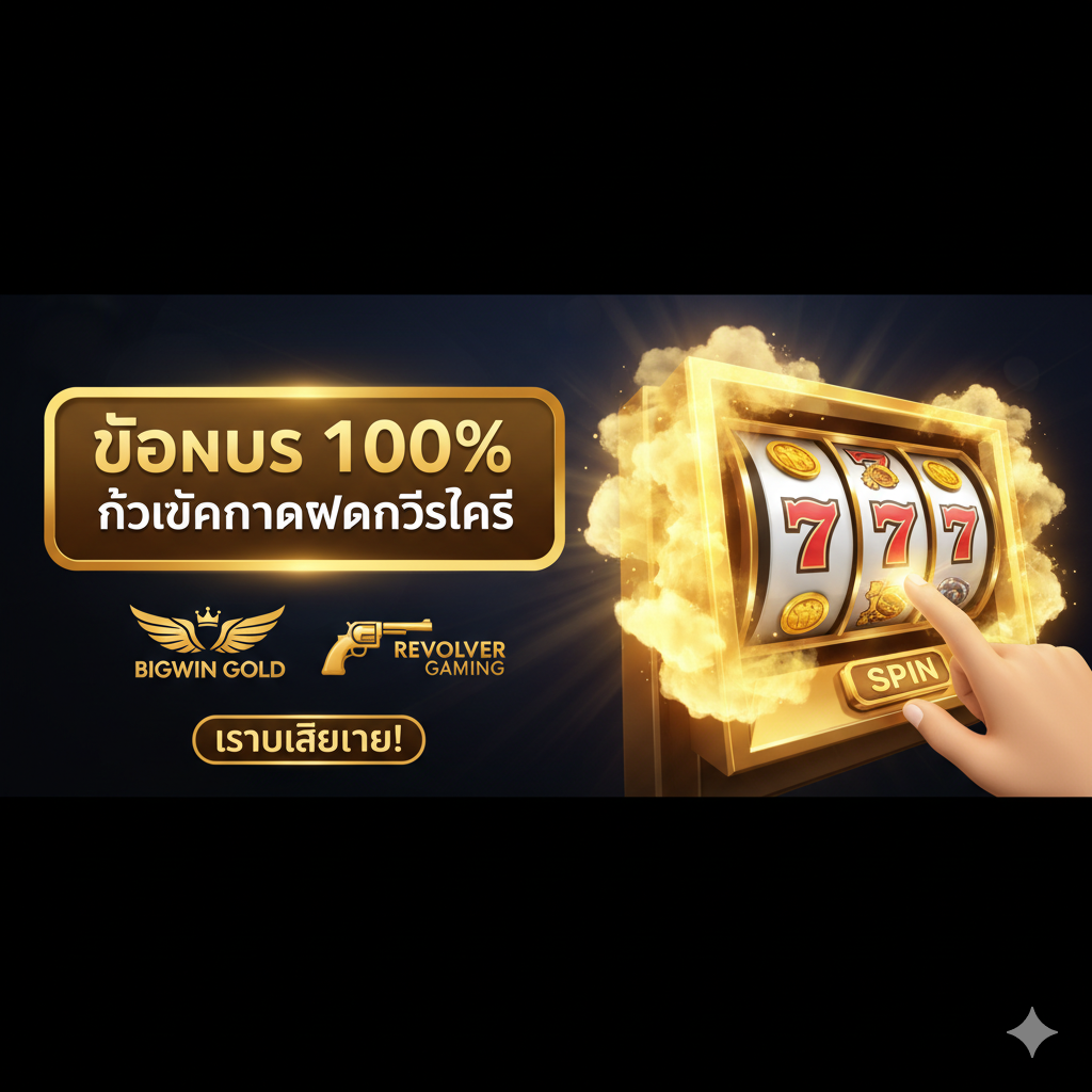 ภาพสรุปที่เน้นข้อเสนอสุดพิเศษและคำเชิญชวน แสดงแบนเนอร์หรือป้ายขนาดใหญ่ที่มีข้อความ 'โบนัส 100% สำหรับการฝากครั้งแรก' เป็นภาษาไทยที่โดดเด่น มีโลโก้ Bigwin Gold และ Revolver Gaming อยู่คู่กัน ด้านข้างมีภาพของมือที่กำลังกดปุ่ม 'Spin' บนสล็อตแมชชีนแบบ 3D และมีแสงออร่าของโบนัสสีทองที่สว่างจ้าออกมาจากวงล้อ ใช้พื้นหลังสีเข้มเพื่อขับเน้นข้อความโบนัสให้ดูน่าดึงดูดและเร่งเร้าให้เกิดการดำเนินการ (Call-to-Action) ทันที
