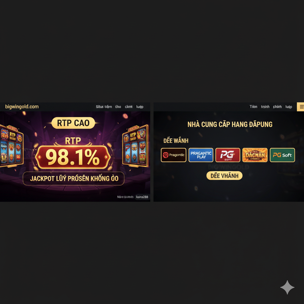 Một hình ảnh đặc trưng chức năng, tập trung làm nổi bật “Kho game RTP cao” và “Nhà cung cấp hàng đầu”. Bức ảnh được chia làm hai phần, bên trái hiển thị giao diện trò chơi ảo, làm nổi bật chỉ số chính “RTP 98.1%” và văn bản “Giải Jackpot lũy tiến khổng lồ”. Bên phải hiển thị biểu tượng hoặc thẻ của các nhà cung cấp hàng đầu hợp tác (ví dụ: Pragmatic Play, PG Soft) bằng một phong cách đồng nhất, màu sắc rực rỡ, tông màu vàng và đỏ, tạo nên cảm giác “dễ thắng” và “đáng tin cậy”. Bố cục cần rõ ràng, truyền đạt rằng RTP cao và lựa chọn trò chơi đa dạng là những điểm bán hàng cốt lõi của Bigwingold.