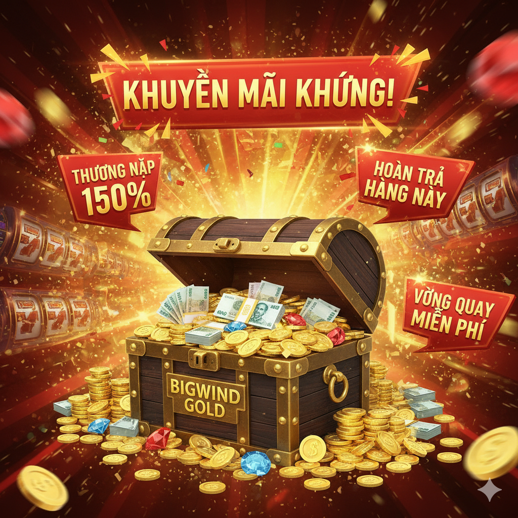 Thiết kế một hình ảnh lợi thế làm nổi bật “Khuyến Mãi Khủng”. Yếu tố cốt lõi là một đống tiền xu và tiền giấy, được đặt cạnh một rương kho báu có chữ “BIGWIND GOLD”. Ở trên hoặc xung quanh có các từ quảng cáo bùng nổ, chẳng hạn như “Thưởng Nạp 150%”, “Hoàn Trả”, “Free Spin” (sử dụng tiếng Việt). Màu sắc chủ yếu là màu đỏ và vàng tươi, tạo ra tác động thị giác mạnh mẽ và sự hấp dẫn, nhấn mạnh vào các ưu đãi lớn và cho phép người chơi cảm nhận được lợi ích và giá trị lớn.