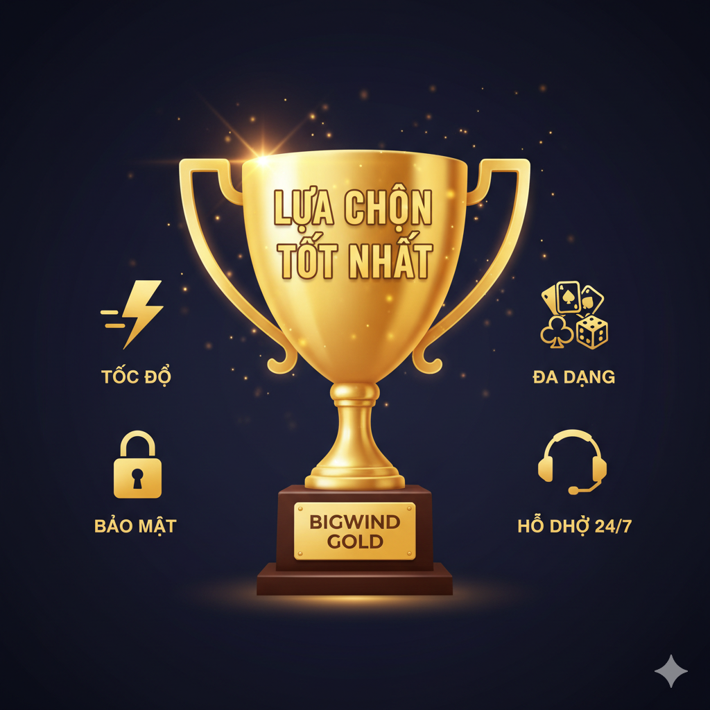 Thiết kế một hình ảnh tóm tắt để củng cố chủ đề “BIGWIND GOLD là lựa chọn uy tín số 1”. Trung tâm của hình ảnh là một chiếc cúp “Winner” hoặc “Best Choice” vàng lấp lánh, có khắc chữ “BIGWIND GOLD” ở phía dưới. Xung quanh có các biểu tượng nhỏ đại diện cho các lợi thế chính: tốc độ (tia sét), bảo mật (khóa), sự đa dạng (nhiều biểu tượng trò chơi) và hỗ trợ (tai nghe hoặc biểu tượng dịch vụ khách hàng). Nền sử dụng độ dốc tối, với một số ánh sao và hiệu ứng ánh sáng, làm cho chiếc cúp trông trang trọng và uy quyền hơn, truyền tải ấn tượng cuối cùng về một sòng bạc trực tuyến Việt Nam chuyên nghiệp và đáng tin cậy.