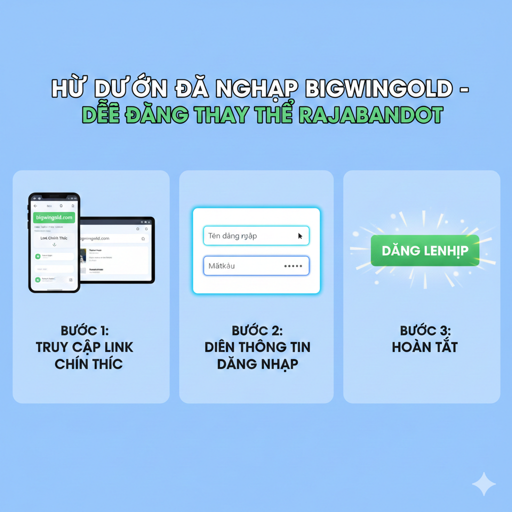 Một chiếc điện thoại hoặc máy tính có màn hình hiển thị link chính thức (Bước 1: Truy Cập Link Chính Thức). Một khung đăng nhập với ô nhập 'Tên đăng nhập' và 'Mật khẩu' được đánh dấu (Bước 2: Điền Thông Tin Đăng Nhập). Một nút 'Đăng Nhập' lớn, có hiệu ứng ánh sáng (Bước 3: Hoàn Tất). Sử dụng tiếng Việt文字作为辅助说明，风格简洁、易懂，以增强用户对 Bigwingold 操作的信心。