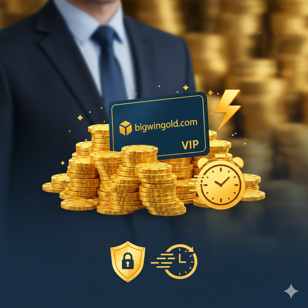 Hình ảnh minh họa ưu điểm khi chơi tại bigwingold.com. Phong cách trực quan, đáng tin cậy. Các yếu tố cốt lõi là đống tiền vàng, một thẻ VIP hoặc chip có logo bigwingold, và biểu tượng hẹn giờ/tia sét đại diện cho tốc độ và hiệu quả. Tập trung quảng bá các ưu điểm: 'Rút Tiền Siêu Tốc' (Tốc độ nạp/rút tiền siêu tốc) và 'Bảo Mật Tuyệt Đối'. Màu sắc chủ đạo là vàng và xanh đậm, tạo cảm giác tin tưởng và chuyên nghiệp. Có thể thêm biểu tượng khiên và đồng hồ nhỏ để đại diện cho sự an toàn và tốc độ.