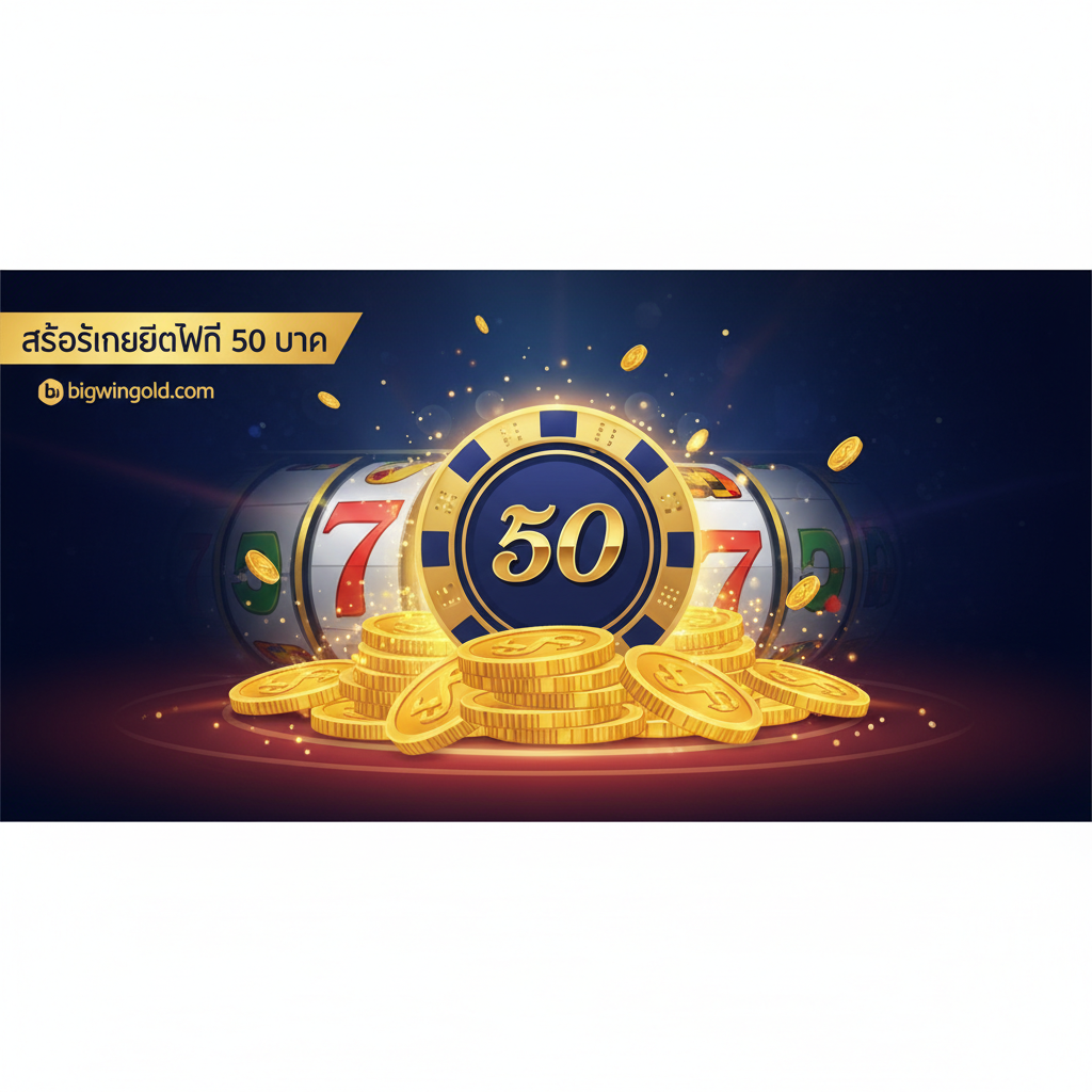 一张引人注目の泰式博彩主题封面图。主色调采用金、红和深蓝，象征财富和专业性。主体是一个闪耀的金币堆，上面放置着一个带有“50”数字的筹码，筹码周围有老虎机（Slot Machine）的光晕和图案。左上角显著位置有一个小横幅写着泰文关键词“slotเครดิตฟรี50บาท”และ一个小小的“bigwingold.com”标志。整体构图大气，采用高饱和度的光影效果，营造出中奖的兴奋感，吸引用户点击。