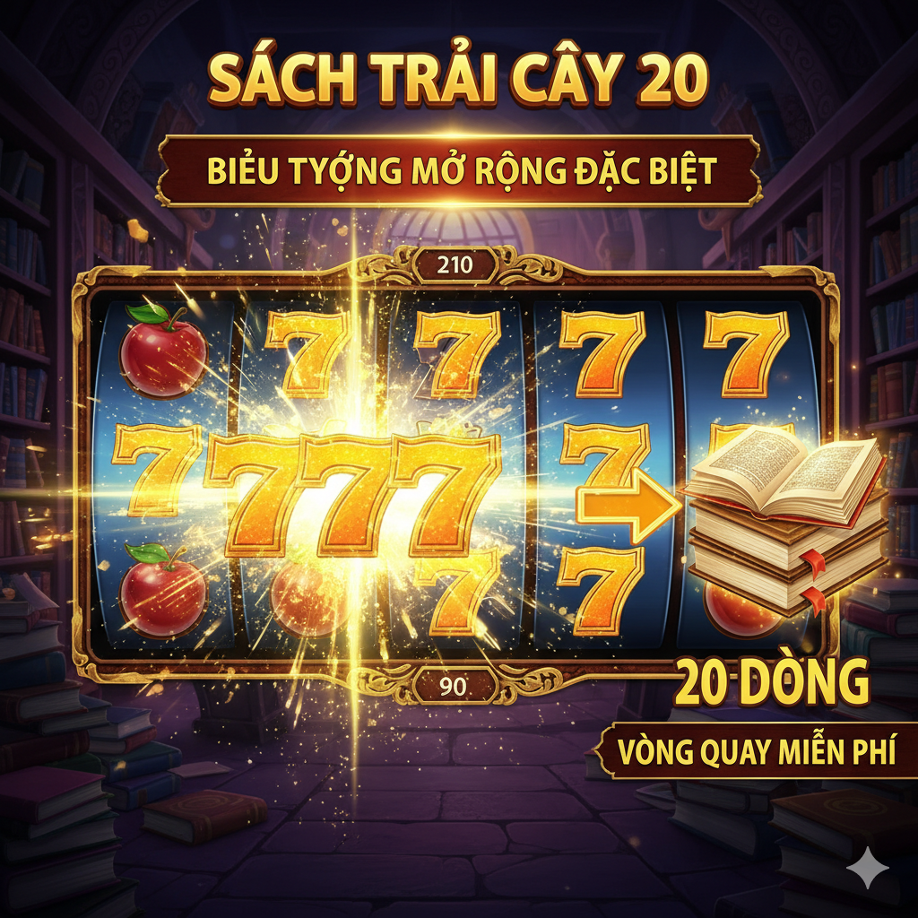 Hình ảnh tập trung vào tính năng cốt lõi của game: Biểu tượng Mở rộng Đặc biệt (Expanding Symbol). Bố cục nên hiển thị một ảnh chụp màn hình trò chơi hoặc một cảnh mô phỏng cao cấp, trong đó một hoặc nhiều cuộn (Reel) được phủ kín và nhấp nháy bởi biểu tượng đặc biệt được chọn (chẳng hạn như biểu tượng trái cây cao cấp hoặc 777). Bên cạnh các cuộn, sử dụng một mũi tên hoặc hiệu ứng nổ để làm nổi bật '20 Lines' và biểu tượng kích hoạt 'Free Spins' (ba cuốn sách ma thuật). Màu sắc tươi sáng, sử dụng hiệu ứng ánh sáng động để nhấn mạnh tiềm năng chiến thắng khổng lồ từ biểu tượng mở rộng, và ghi chú 'Expanding Symbol' hoặc 'Biểu Tượng Mở Rộng' trong hình.
