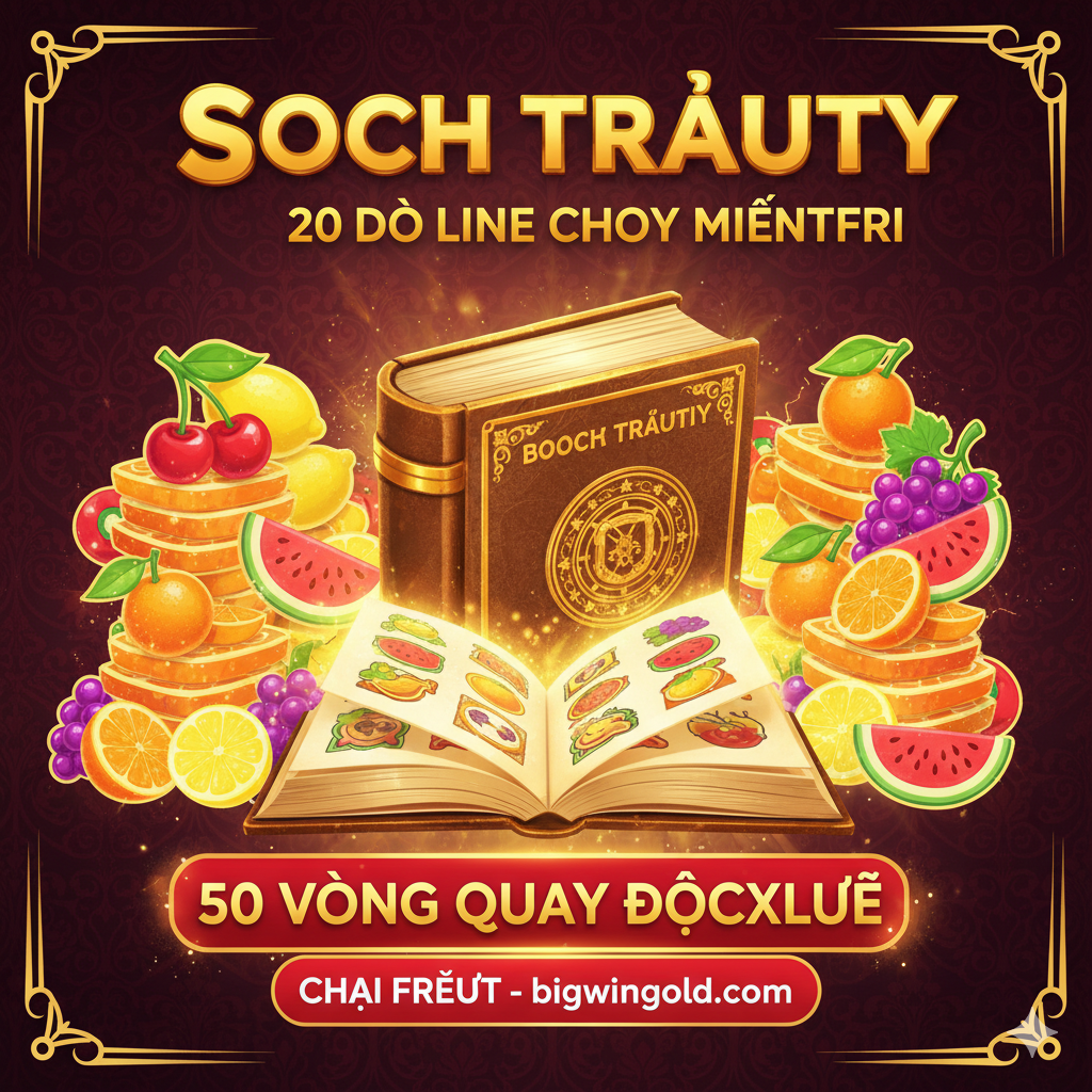 Thiết kế một high-impact cover art cho 'Book of Fruits 20 Slot Free Play'. Ảnh trung tâm là Logo và các yếu tố cốt lõi: một cuốn sách ma thuật vàng (cơ chế 'Book of...') và một đống biểu tượng trái cây cổ điển sáng bóng (Cherry, Lemon, Watermelon). Phông nền nên tối, hơi cổ điển, làm nổi bật các yếu tố vàng và đỏ ở tiền cảnh. Thêm khẩu hiệu tiếng Việt rõ ràng ở dưới cùng hoặc ở góc 'CHƠI MIỄN PHÍ - bigwingold.com' và nổi bật '50 Vòng Quay ĐỘC QUYỀN'. Phong cách tổng thể nên là sòng bạc cao cấp, màu sắc rực rỡ và thu hút sự chú ý.