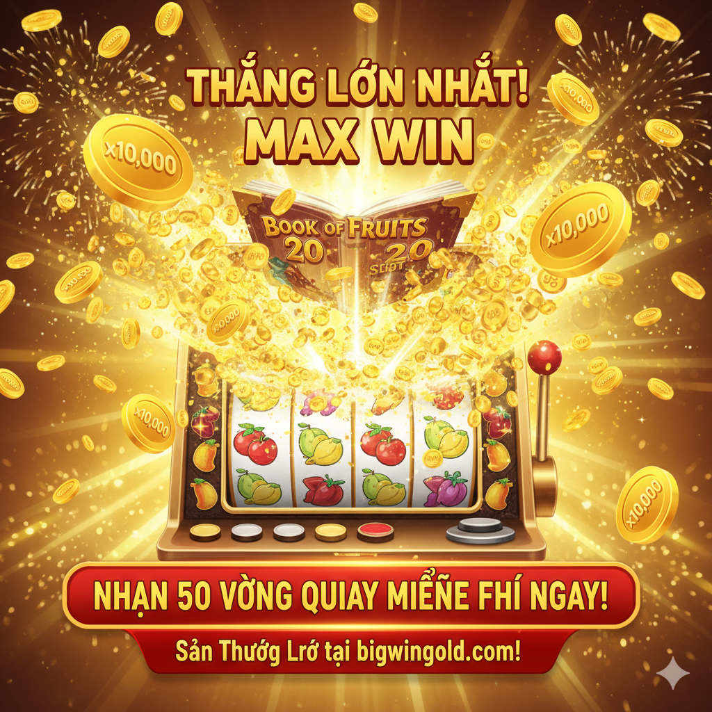 Hình ảnh tóm tắt, nhấn mạnh điểm thu hút lớn nhất của trò chơi và kêu gọi hành động. Hình ảnh nên là khoảnh khắc bùng nổ của 'Max Win': rất nhiều tiền vàng phun ra khỏi các cuộn, đồng thời làm nổi bật con số tiền thưởng tối đa 'x10,000'. Ở phía dưới màn hình, một biểu ngữ hoặc nút đồ họa nổi bật (mô phỏng nút trên trang web) ghi rõ lời kêu gọi hành động, như 'NHẬN 50 FREE SPINS NGAY!' và 'Săn Thưởng Lớn tại bigwingold.com!'. Màu sắc tổng thể nên là màu vàng chiến thắng và màu đỏ may mắn, kích thích người dùng hành động ngay lập tức.