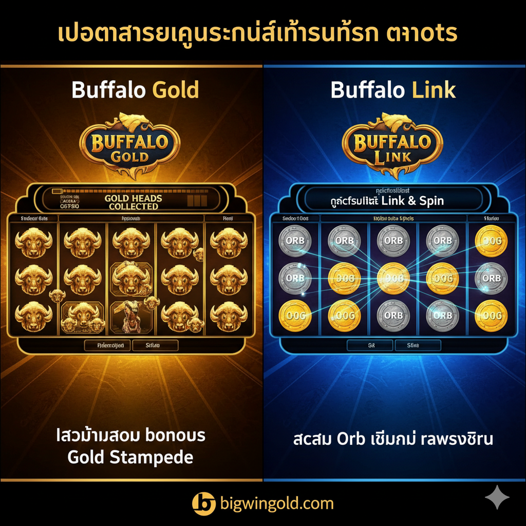 ภาพเปรียบเทียบฟีเจอร์หลัก 2 เวอร์ชัน: Buffalo Gold และ Buffalo Link โดยแบ่งภาพเป็นสองฝั่งอย่างชัดเจน ฝั่งซ้ายเป็นสีทอง/น้ำตาลเข้ม แสดงภาพหน้าจอเกมที่ไฮไลท์การสะสม 'Gold Head' หรือสัญลักษณ์ควายทองที่กำลังจะเต็มจอ ฝั่งขวาเป็นสีน้ำเงิน/ม่วง แสดงภาพหน้าจอเกมที่เน้น 'Link Feature' พร้อม Orb เหรียญที่ติดอยู่บนวงล้อและมีเส้นแสงเชื่อมโยงกัน ภาพนี้เน้นความแตกต่างทางภาพและฟีเจอร์หลัก (Gold Head vs Link Orbs) เพื่อให้ผู้อ่านชาวไทยเข้าใจความแตกต่างทางเทคนิคได้ง่ายขึ้น ใช้ฉากหลังเป็นพื้นหลังของตู้สล็อตหรือหน้าจอเกมจริง