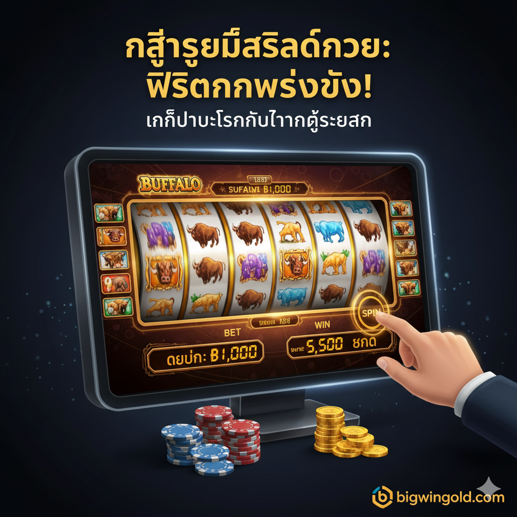 ภาพประกอบส่วนกลยุทธ์และการชนะสล็อต Buffalo ภาพควรแสดงภาพมือที่กำลังกดปุ่ม 'Spin' บนหน้าจอเกมสล็อต Buffalo ที่มีตัวเลข Bet (การเดิมพัน) และ Win (เงินรางวัล) แสดงอย่างชัดเจน ใช้โทนสีเข้ม เน้นแสงที่ส่องไปยังวงล้อเพื่อสื่อถึงความคาดหวังในการชนะ องค์ประกอบอาจรวมถึงชิปคาสิโนและกองเหรียญทองเล็กน้อยที่วางอยู่ข้าง ๆ เพื่อสื่อถึงการบริหารจัดการเงินทุนและโอกาสในการทำกำไร เน้นความรู้สึกของการควบคุมและการตัดสินใจอย่างมีกลยุทธ์